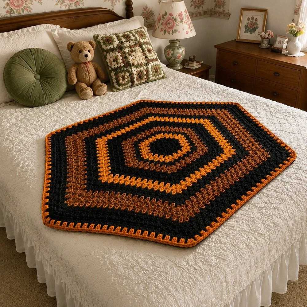 Vintage Crochet Hexagon Baby Blanket Lap Afghan Retro 1970s Orange Brown Black
